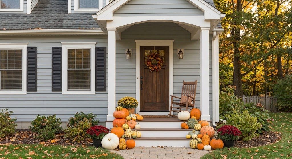 Classic Porch pumpkin display with hay bales and mums
