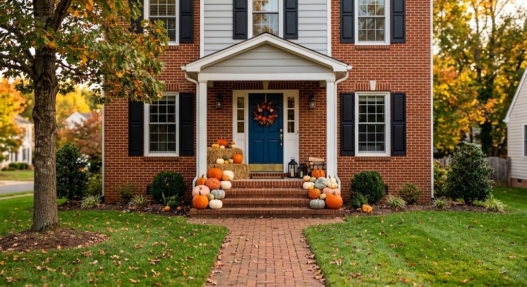 Cozy Stoop pumpkin display on a brick front stoop