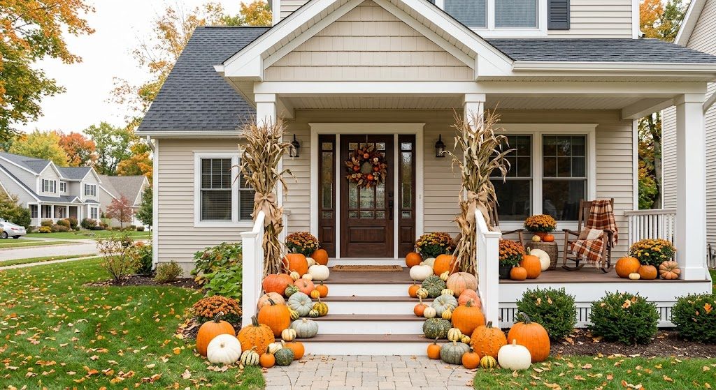 Grand Entrance pumpkin display filling a full front porch